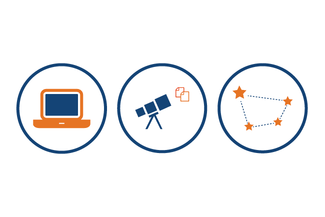 Icons of laptop, telescope viewing documents, and connected constellation